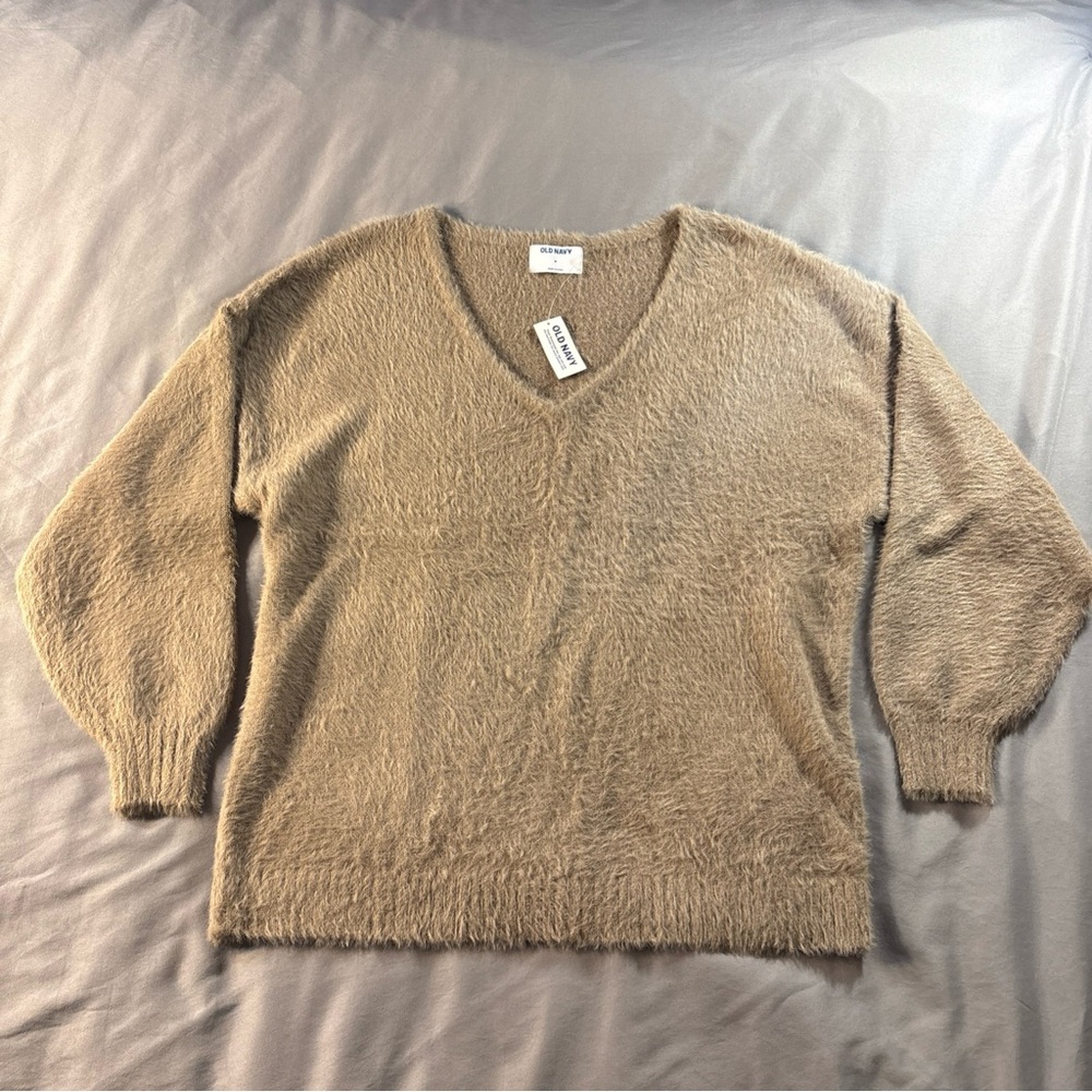 Old Navy Womens Pullover Fuzzy Sweater Tan Long Balloon Sleeve V Neck New Sz M